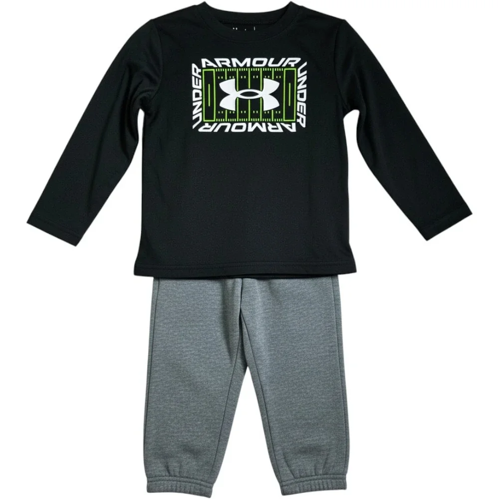 Under Armour Boys 2 Piece Set Black Long Sleeve Tee Grey Joggers Size 5 NWT